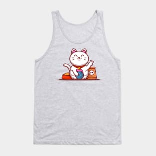 Cute Lucky Cat With Yarn Ball And Food Cartoon Vector Icon Illustration Tank Top